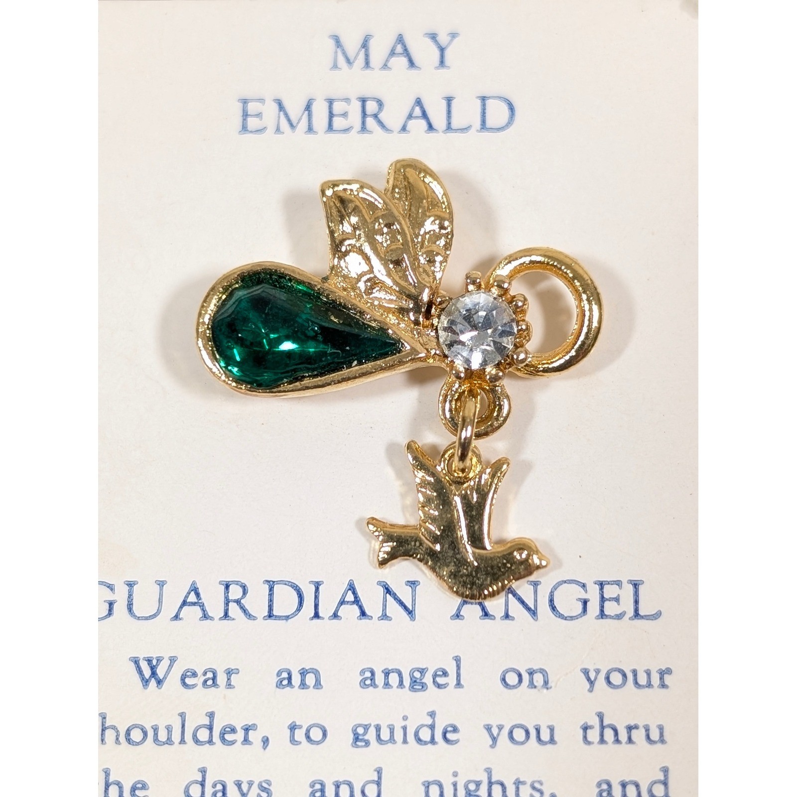 Vintage Guardian Angel Dove Pin May Emerald Birthstone Gold Tone Lapel Tack
