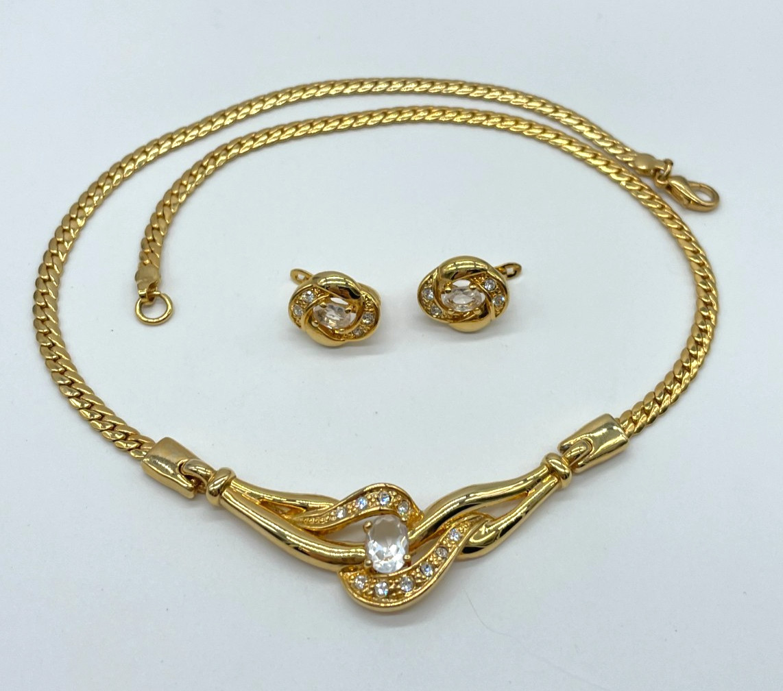 Gold Plated Herringbone chain with Rhinestone wave design pierced earrings set