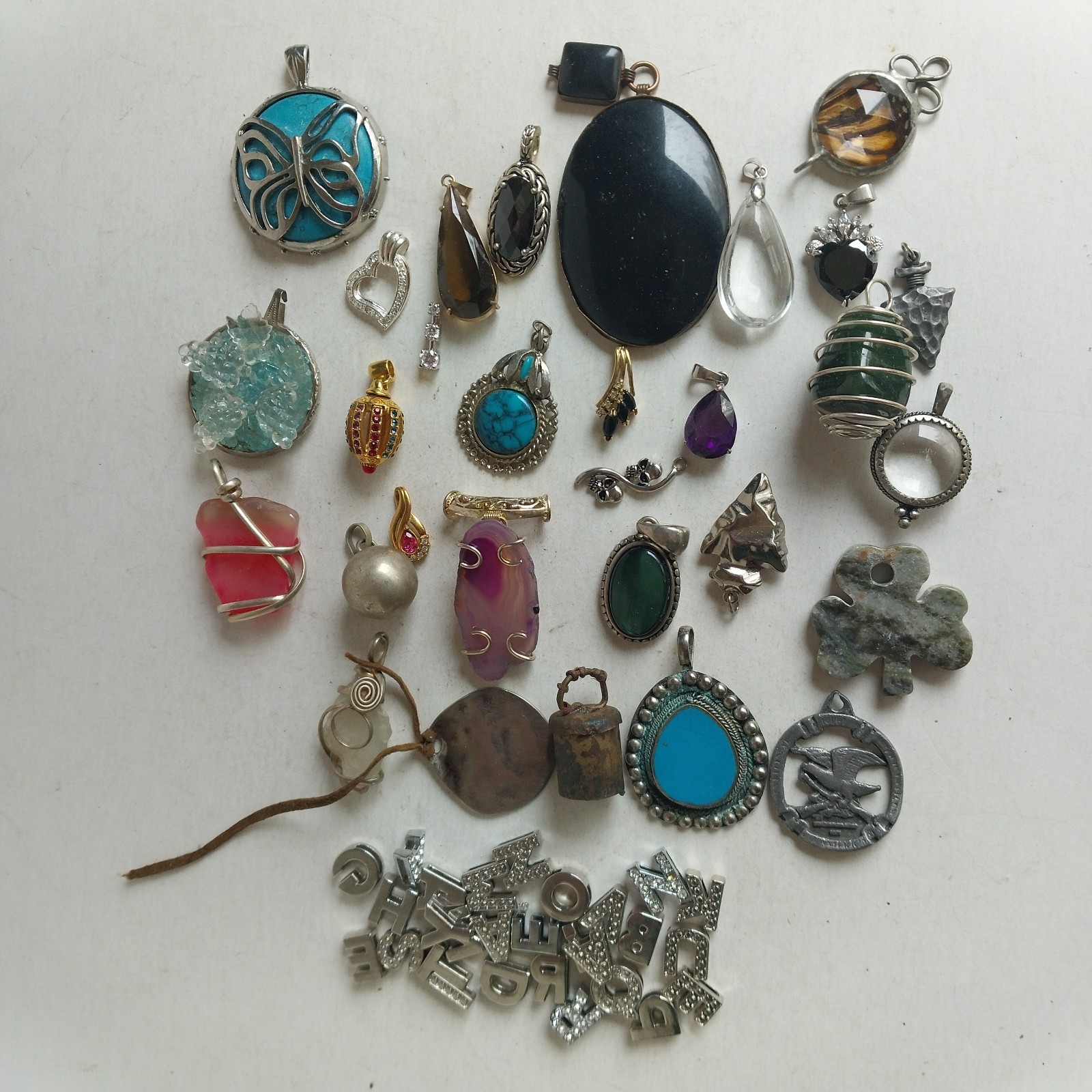 HUGE Lot of Pendants Art Glass Metal Stone Butterfly Teardrop Clover Wire Wrap +