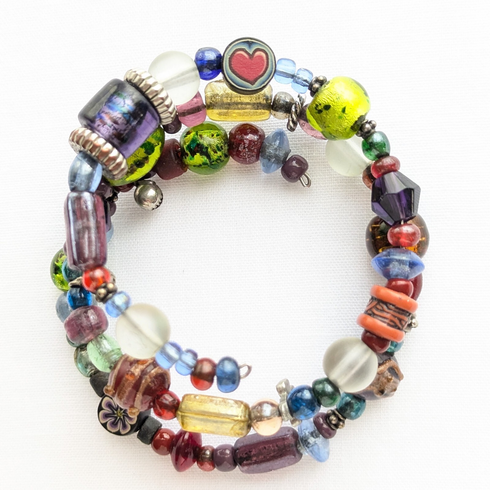 Vintage Art Glass Beaded Cuff Bangle Bracelet Multi Strand Memory Wire