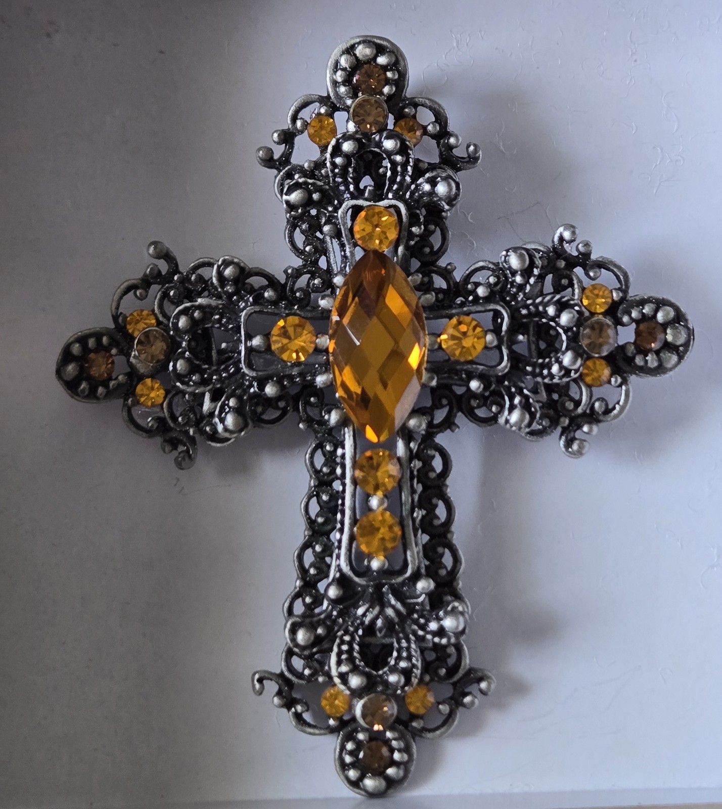 Gothic Cross Brooch Pin Amber Rhinestones Black Silver Tone Filigree 3″