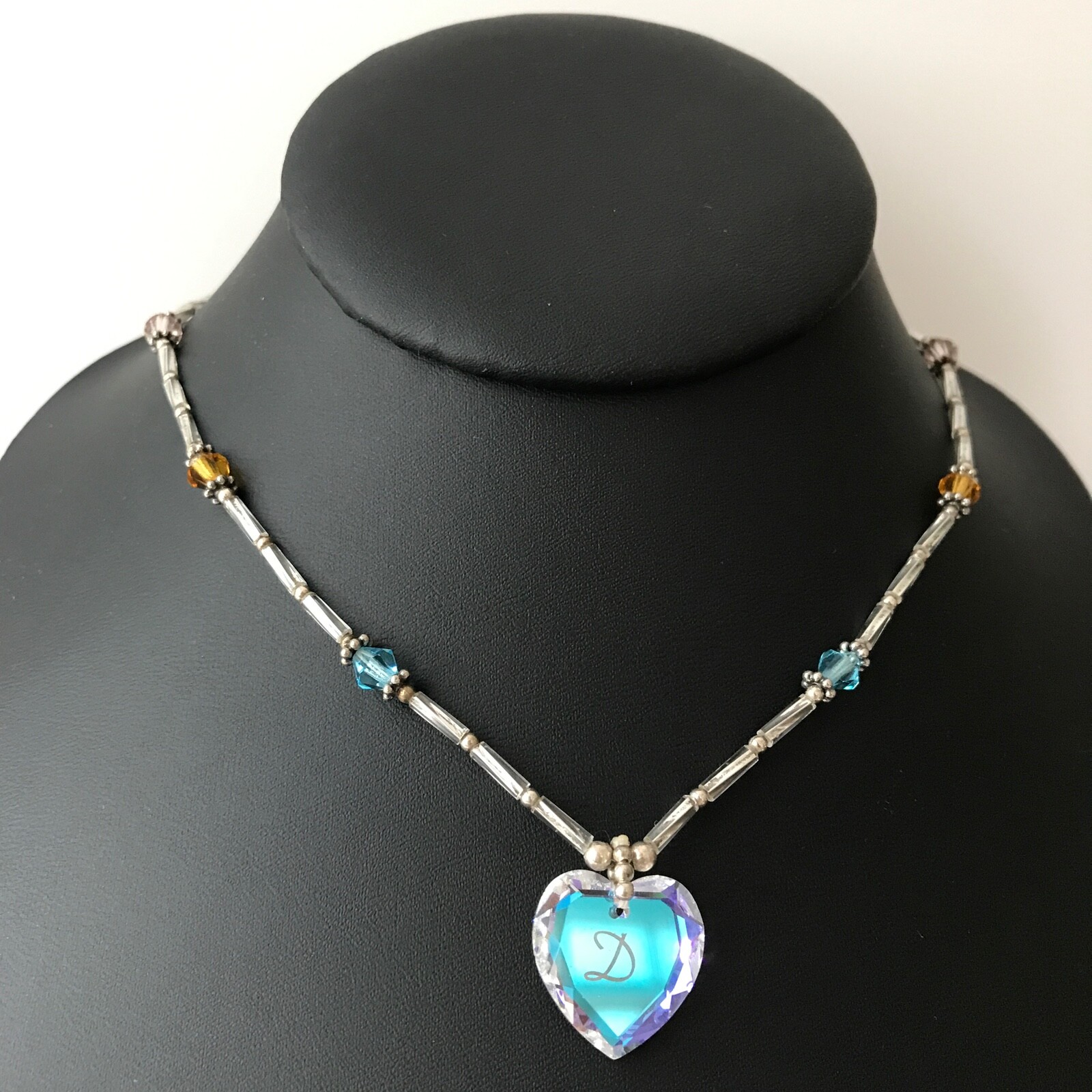 Vintage 925 Sterling Silver Multicolor Bead AB Crystal Letter D Heart Necklace