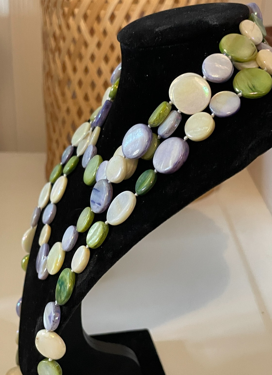 Mother of Pearl Long Necklace Round Disc Ivory Green Purple Knotted Spring 52″