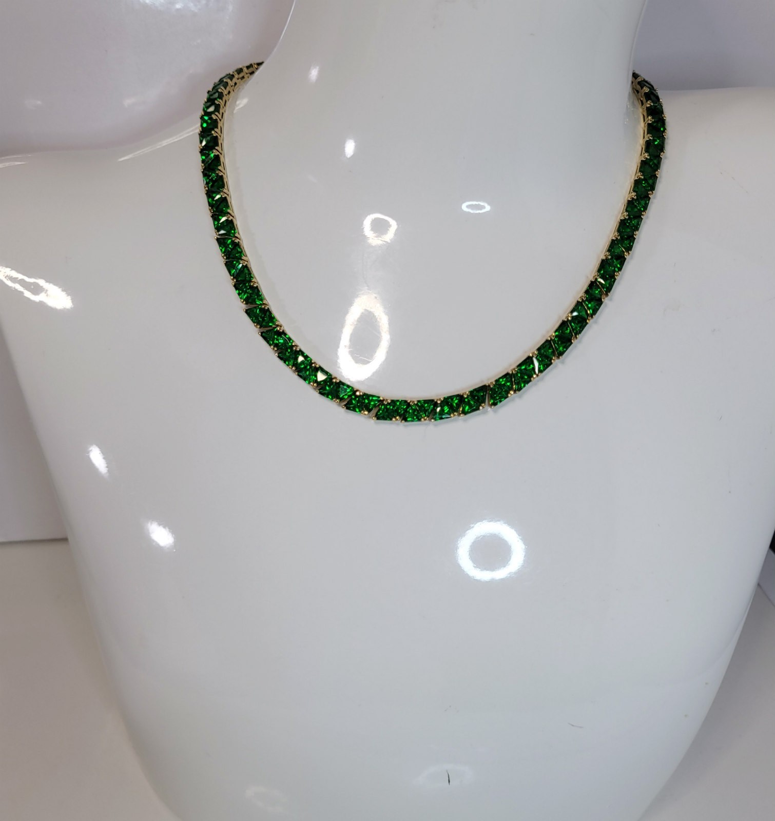 Green Trilliant CZ Sterling Tennis Necklace gold vermeil trillion 50 grams