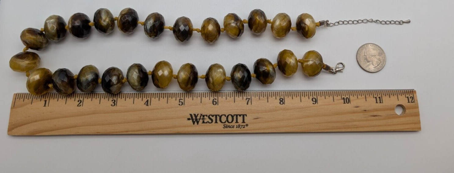 Chunky Hand Knotted Tan Brown Marble Swirl Plastic Faceted Beaded Necklace