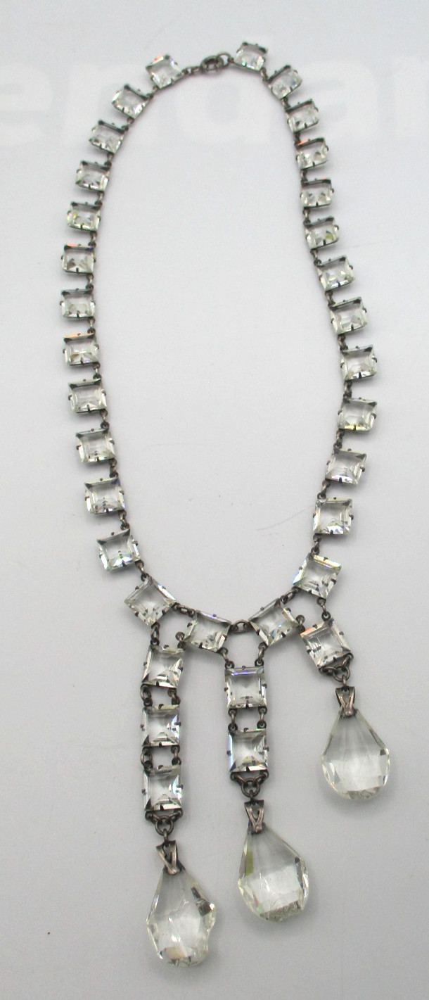 ANTIQUE STERLING SILVER ROCK CRYSTAL NECKLACE ~ ART DECO with 3 STRAND DROP