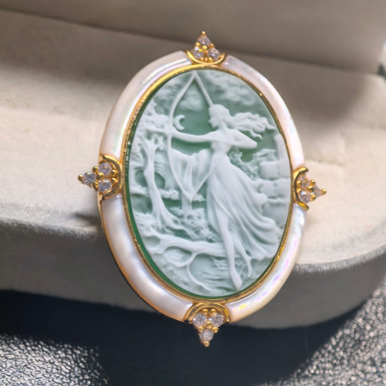 925 silver green Athena Agate cameo brooch pendant vintage estate jewelry