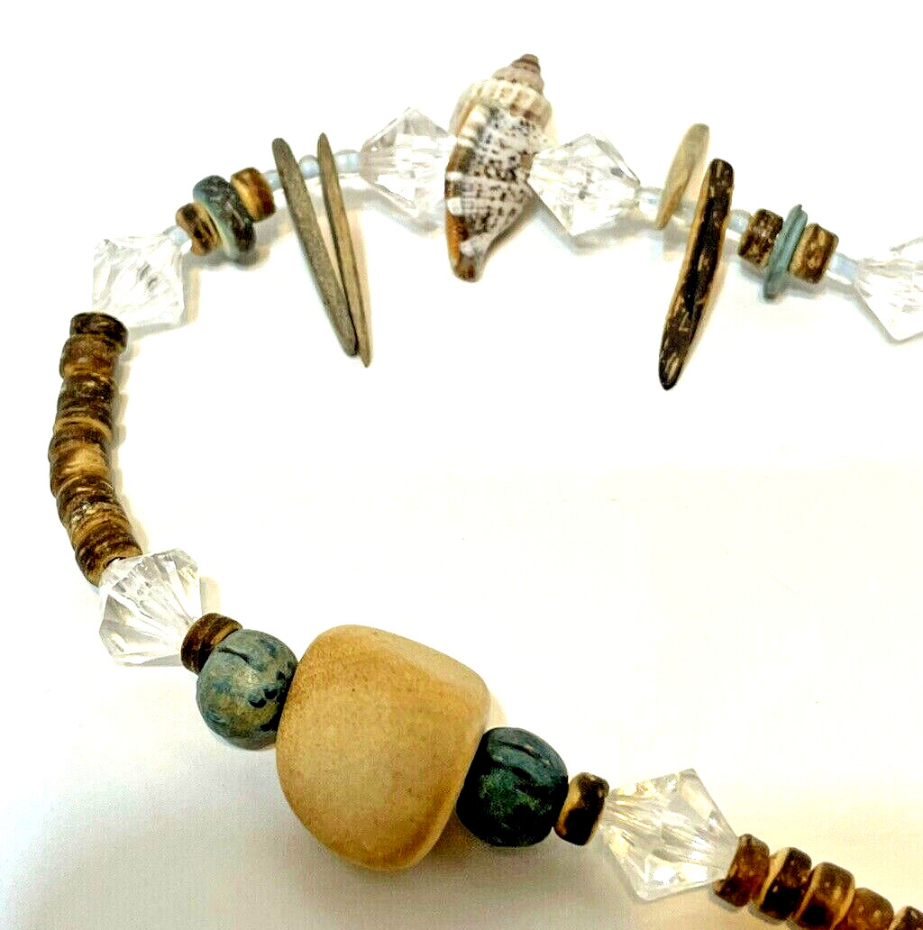 Womens Necklace Wood and Glass Beads Shells Slip Over 27 Inches Multicolor