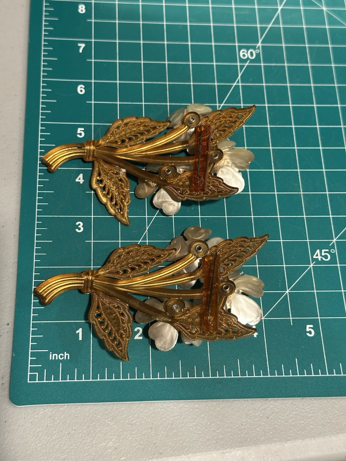 Vintage Ivory Gold Celluloid Floral Necklace 2 Brooches Pins Set Estate Jewelry