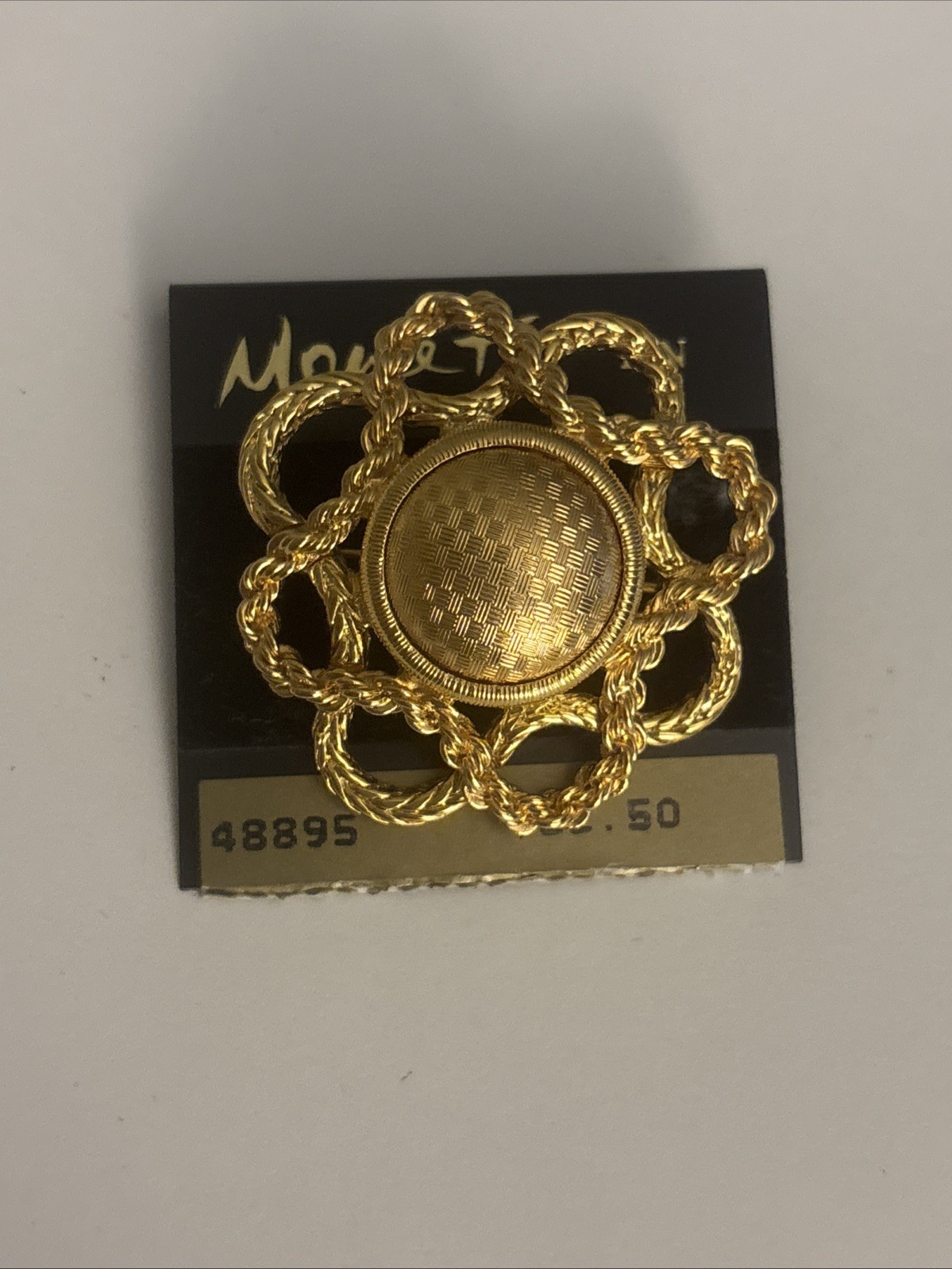Vtg Monet Gold-tone Rope Knotted Checkered Center Brooch On Original Card