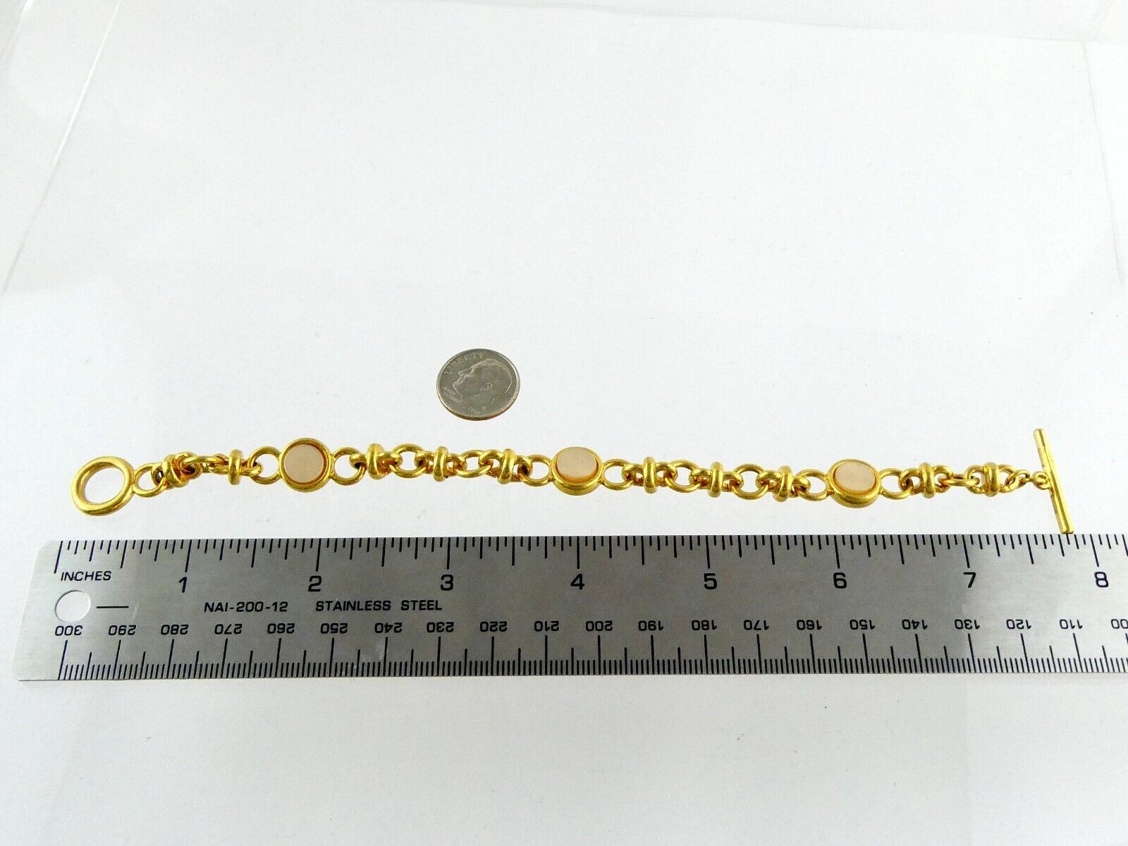 Monet Goldtone Metal and Mother of Pearl Shell Link Bracelet Toggle Clasp 7 Inch