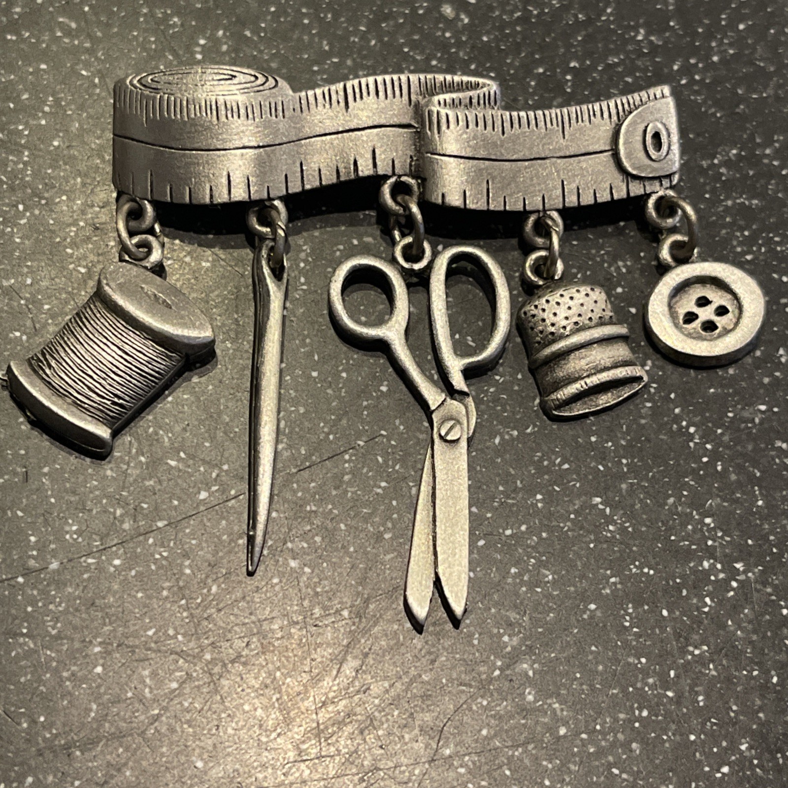 JJ Jonette Pewter-Tone Tape Measure Brooch w/ Sewing Notion Charms: Scissors +