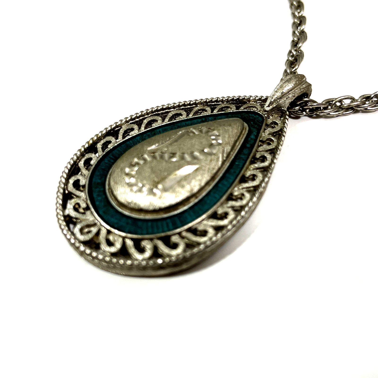 Vtg Silver Tone Teardrop Pendant Necklace Etched Estate Jewelry Signed Revere