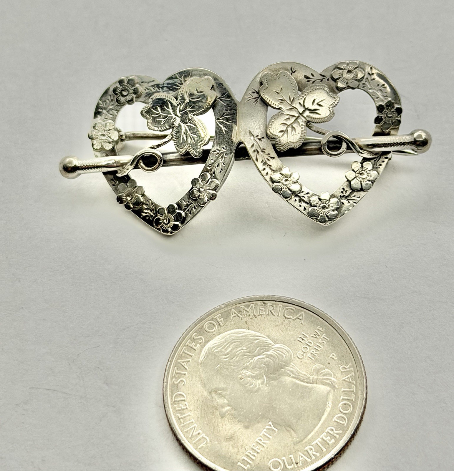 Victorian Sweetheart Entwined Hearts & Clover Sterling Hallmarked Brooch 1891