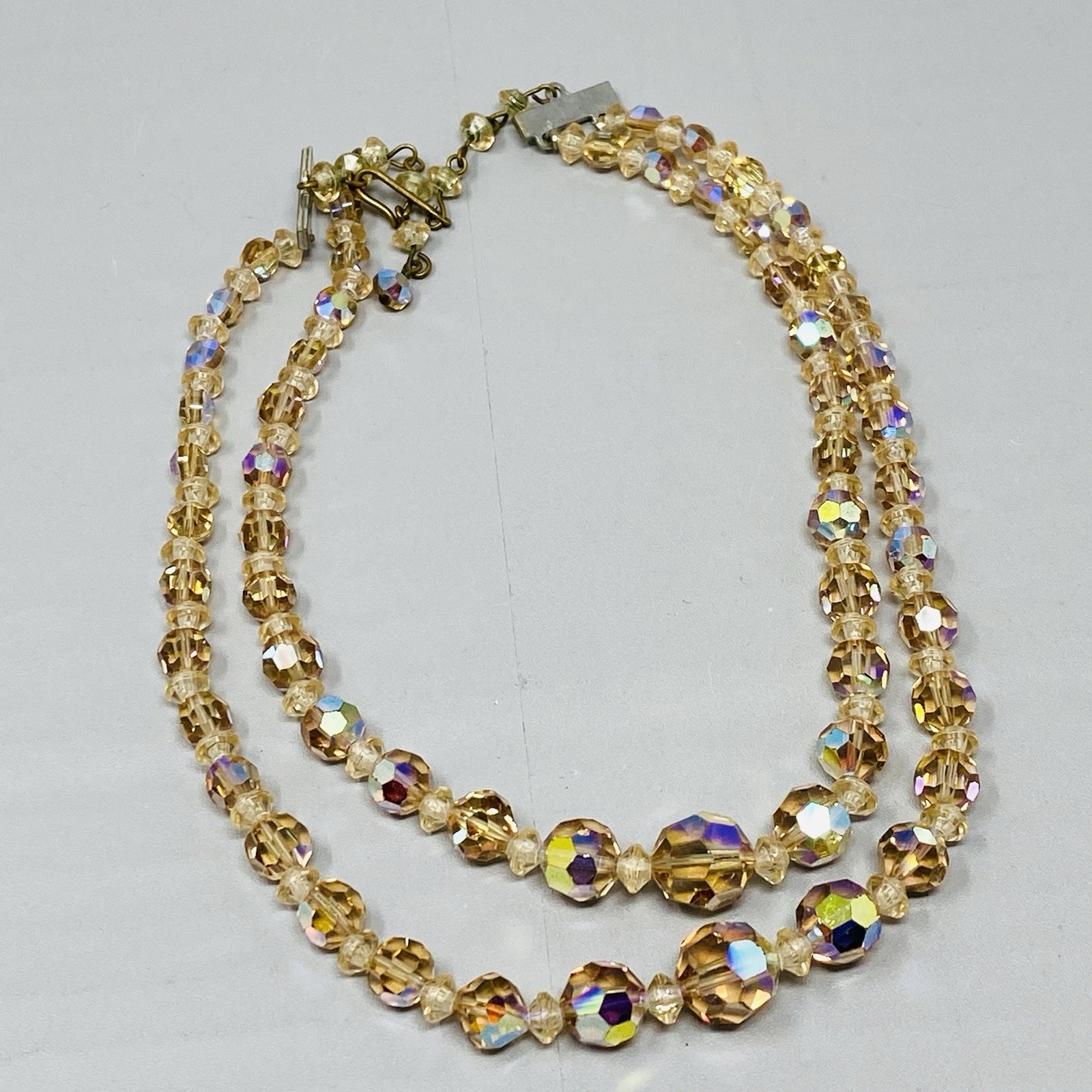 VTG Crystal Beaded Necklace Champagne Aurora Borealis Faceted Double Strand 15″