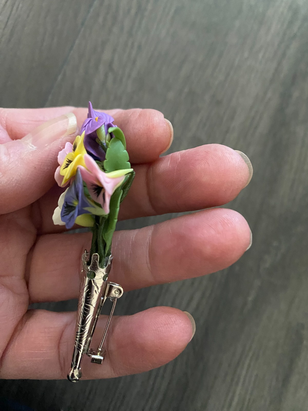 Vintage Celluloid/Hard Plastic Pansy & Iris Bouquet in Vase Flower Brooch Pin