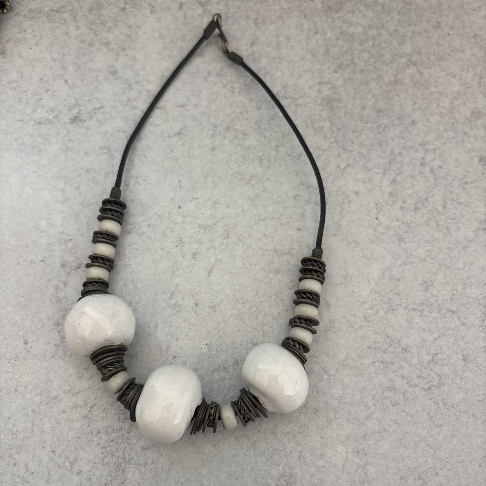 Vintage Greek Ceramic Bead Necklaces On Leather Cord Greece White, Teal, Amber