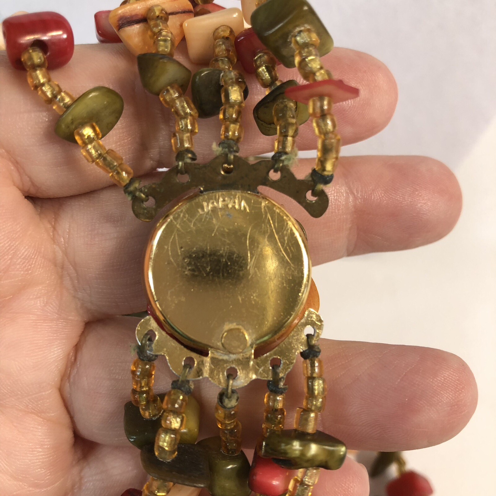 Vintage Japan 4 Strand Necklace and Earrings Dyed Abalone Shell Beads Clip Back