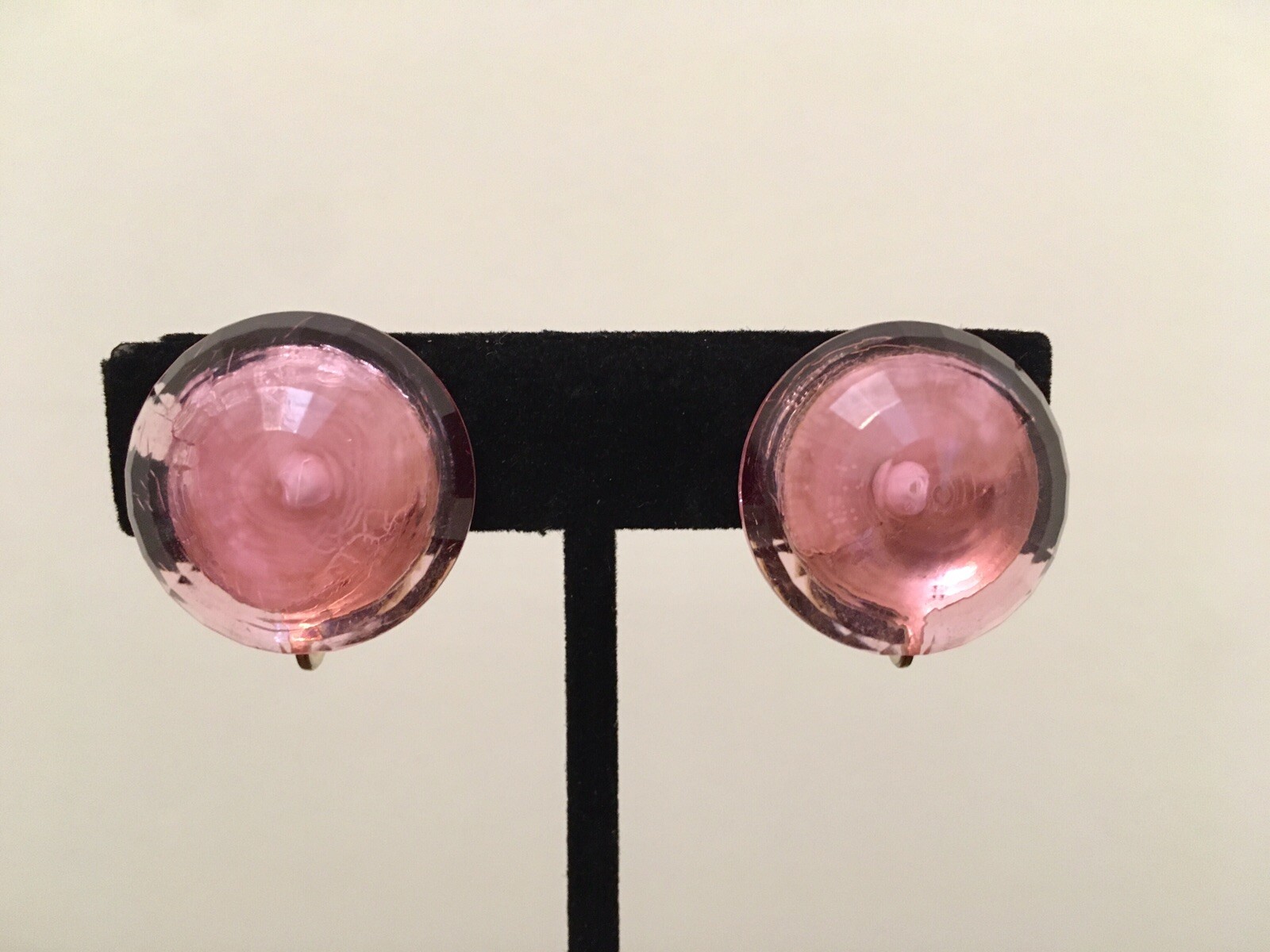 Vintage Dalshelm Earrings Pink Acrylic Plastic Faceted Gem Gold Tone Clip Ons