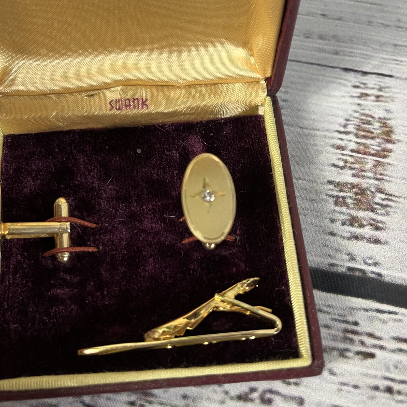 Swank Vintage Brushed Gold Faux Diamonds Mens Cufflinks & Tie Clip w/ Box