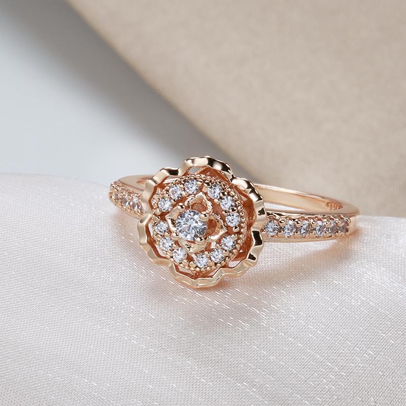 Vintage 585 Rose Gold Zircon Rose Flower Ring Women Crystal Wedding Jewelry Gift