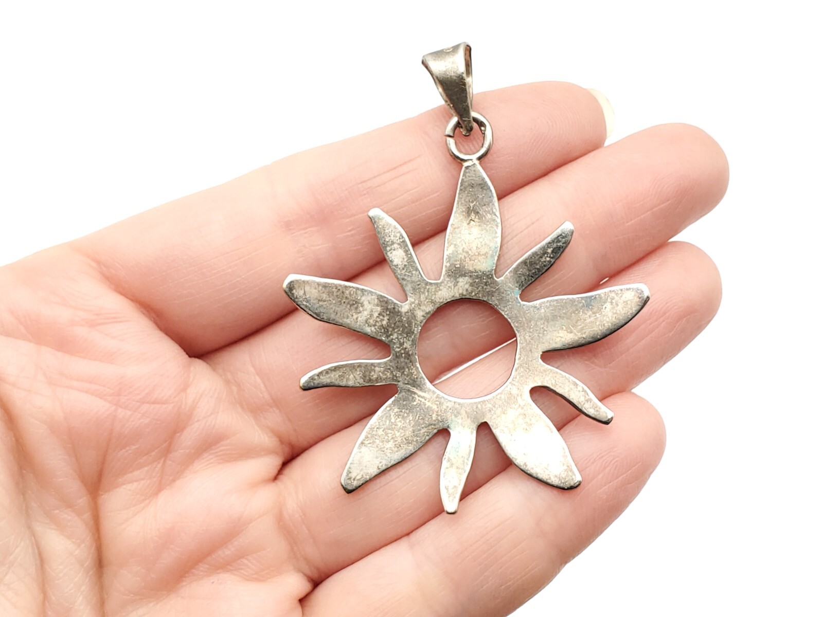 Vintage Sterling Silver Open Circle Sun Opal Inlay Mexico Pendant for Necklace
