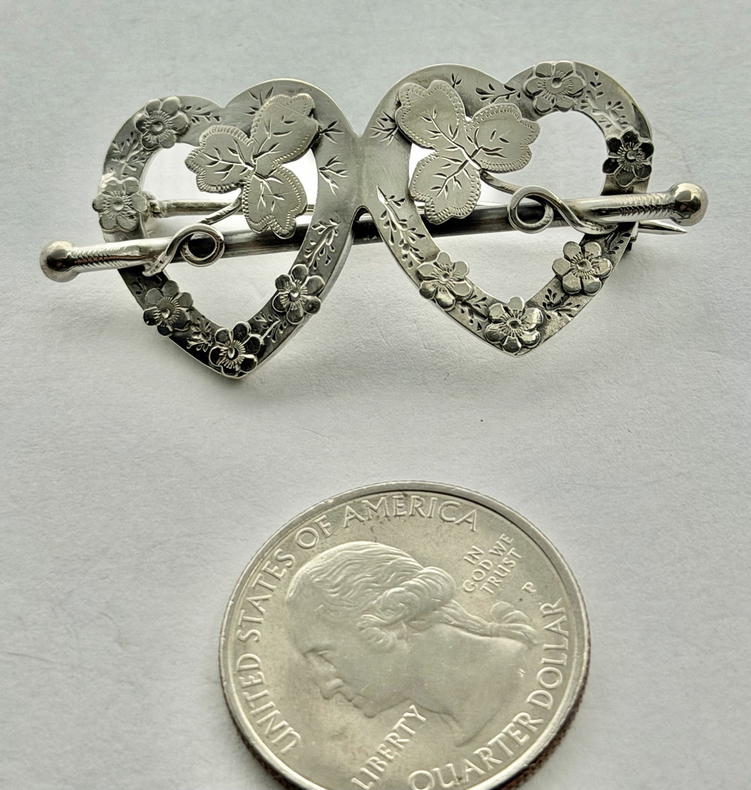 Victorian Sweetheart Entwined Hearts & Clover Sterling Hallmarked Brooch 1891