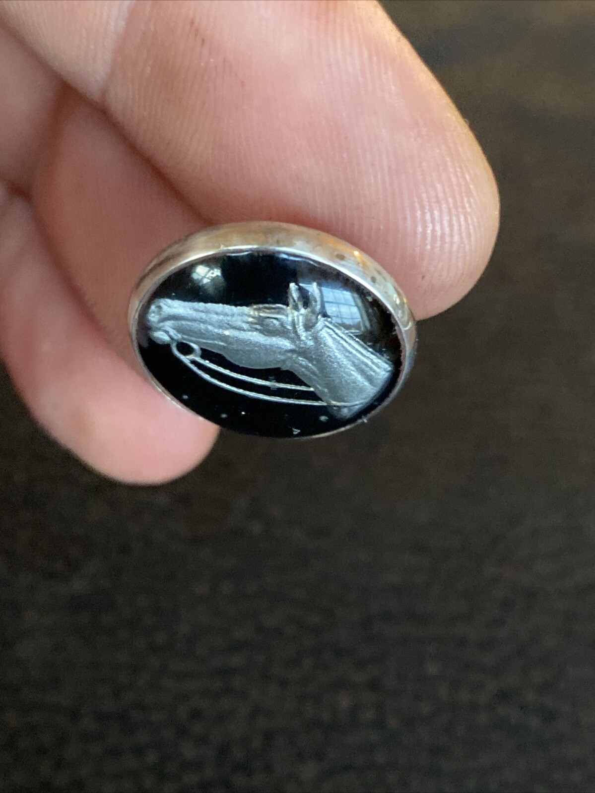 Antique Bubble Goofus Glass Reverse Painted Carved Intaglio Horse Equestrian Pin