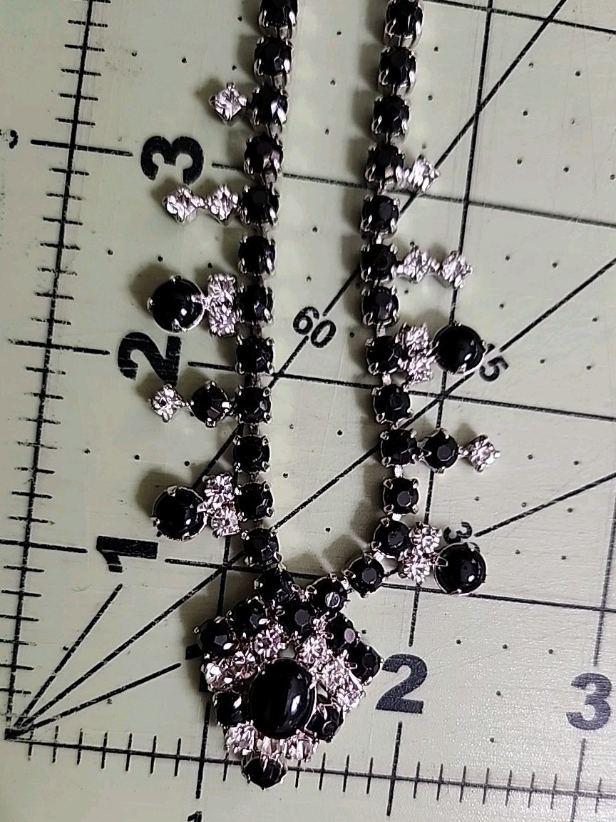 Vintage 1950s Bib Necklace & Screw Back Earrings Black & Clear Rhinestones
