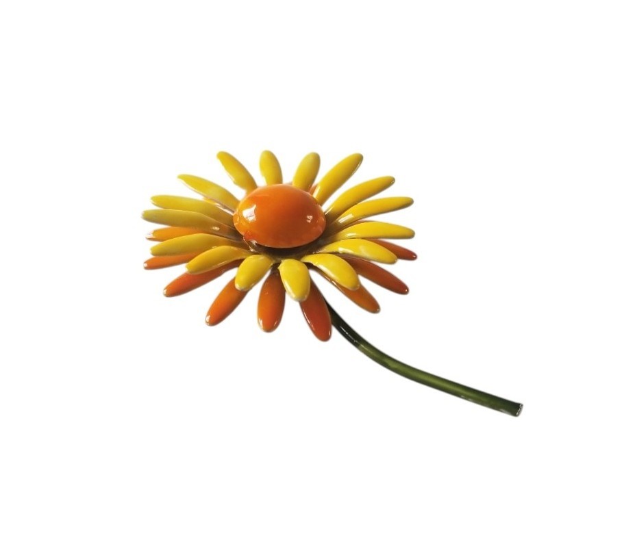 Vintage 1960’s Yellow And Orange Enamel Flower Power Brooch Daisy Mod Layered