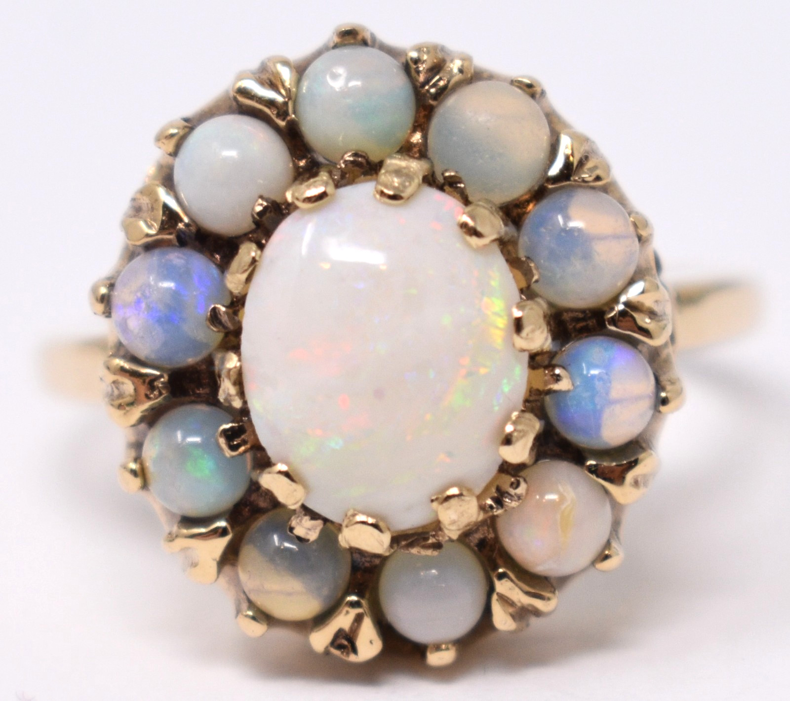 Vintage 10k Solid Yellow Gold Opal Cluster Halo Basket Setting Ring sz. 5.75