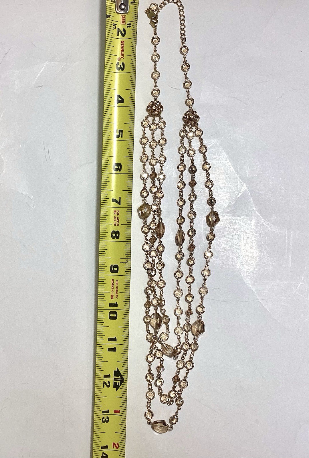 Austrian Crystal USA Signed GoldTone Bezel Champagne Multi-Strand Necklace 24.5”