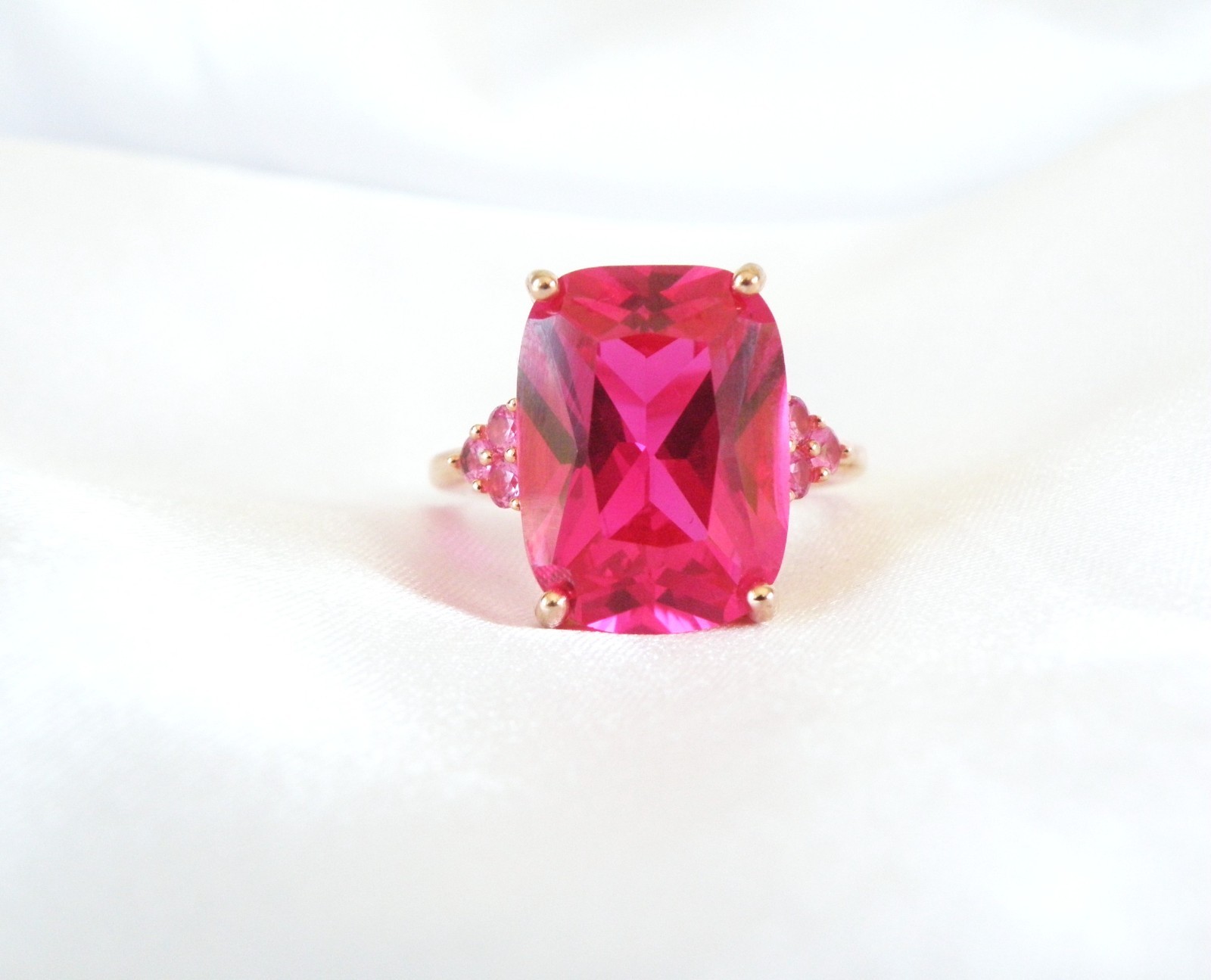Sterling Silver 925 Rose Gold Large Lab Created Pink Sapphire Ruby Ring Size 10