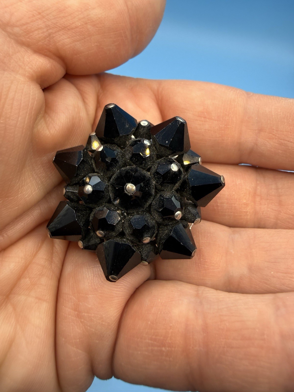 Vintage Black Faceted Glass Flower Star Pin Brooch 1 1/2 inches Across