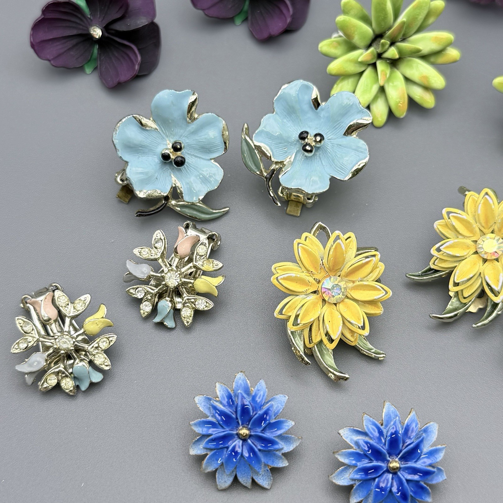 Vintage Flower Clip On Earrings Floral Lot Of 8 Orchid Pansies Tulip Multi Color