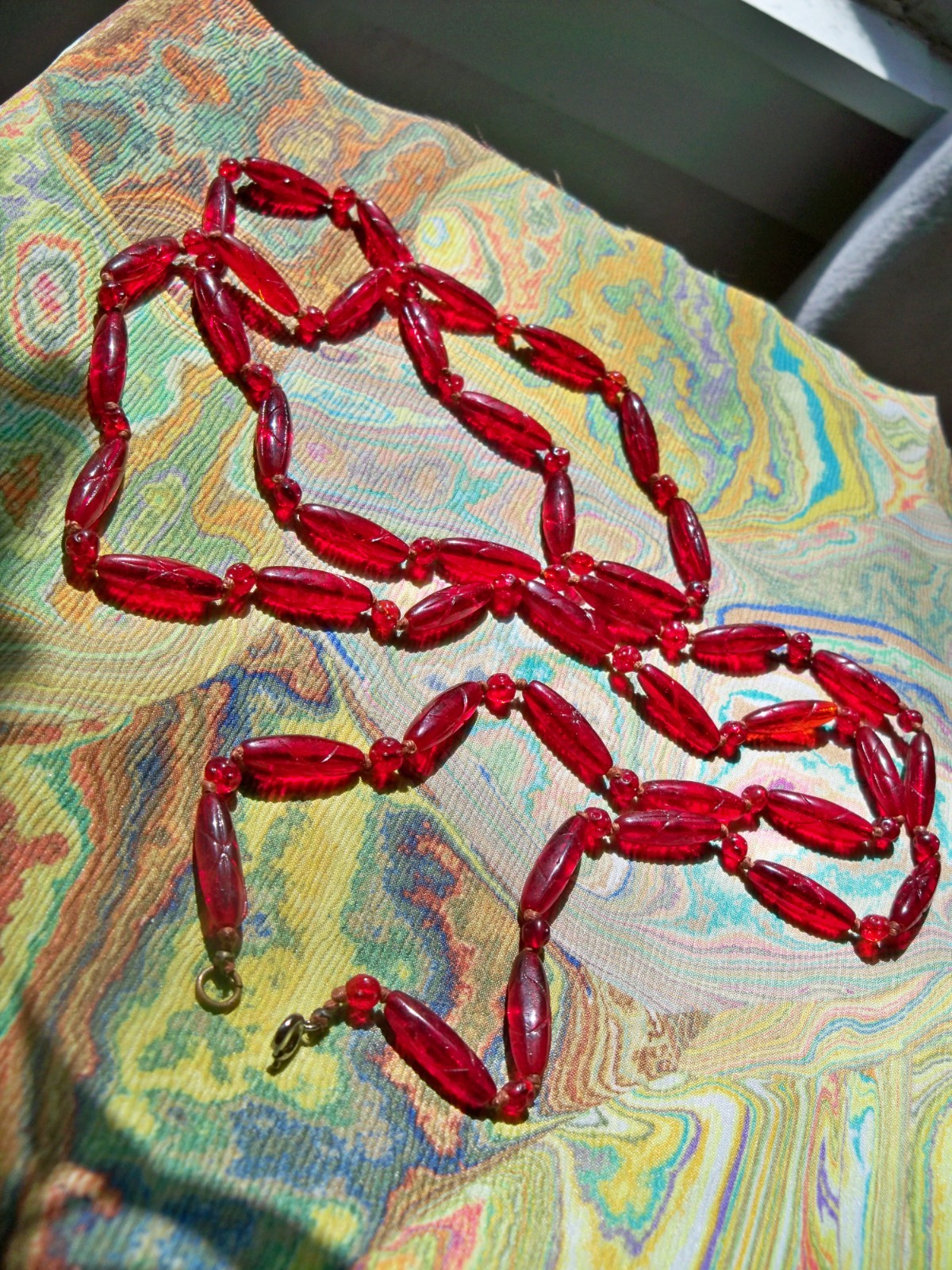 50″ NECKLACE ANTIQUE flapper ART DECO CZECH cranberry ruby red GLASS BEAD