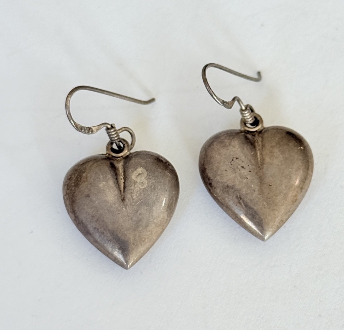 Vintage Sterling Silver 925 Puffy Heart Drop Dangle Hook Earrings