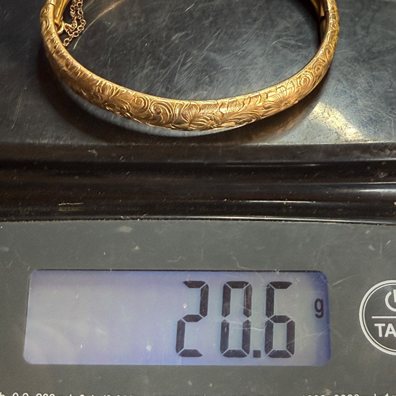 Vintage Bangle Bracelet Embossed Gold Tone Hinged 7”
