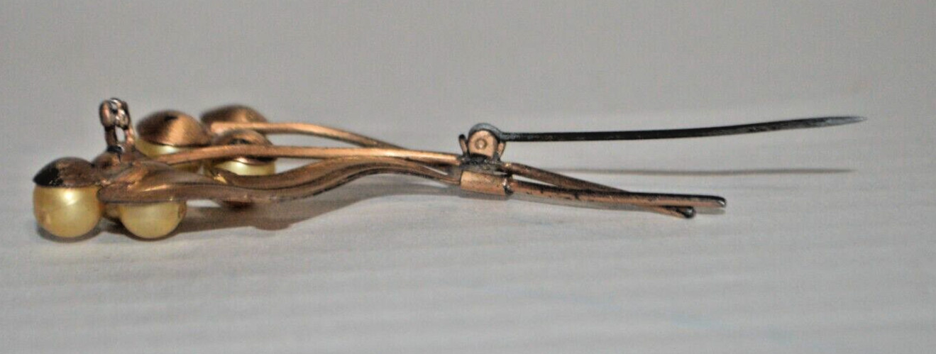 Bronze Brooch with Six Simulated Pearls Missing Closure to Safety Clasp