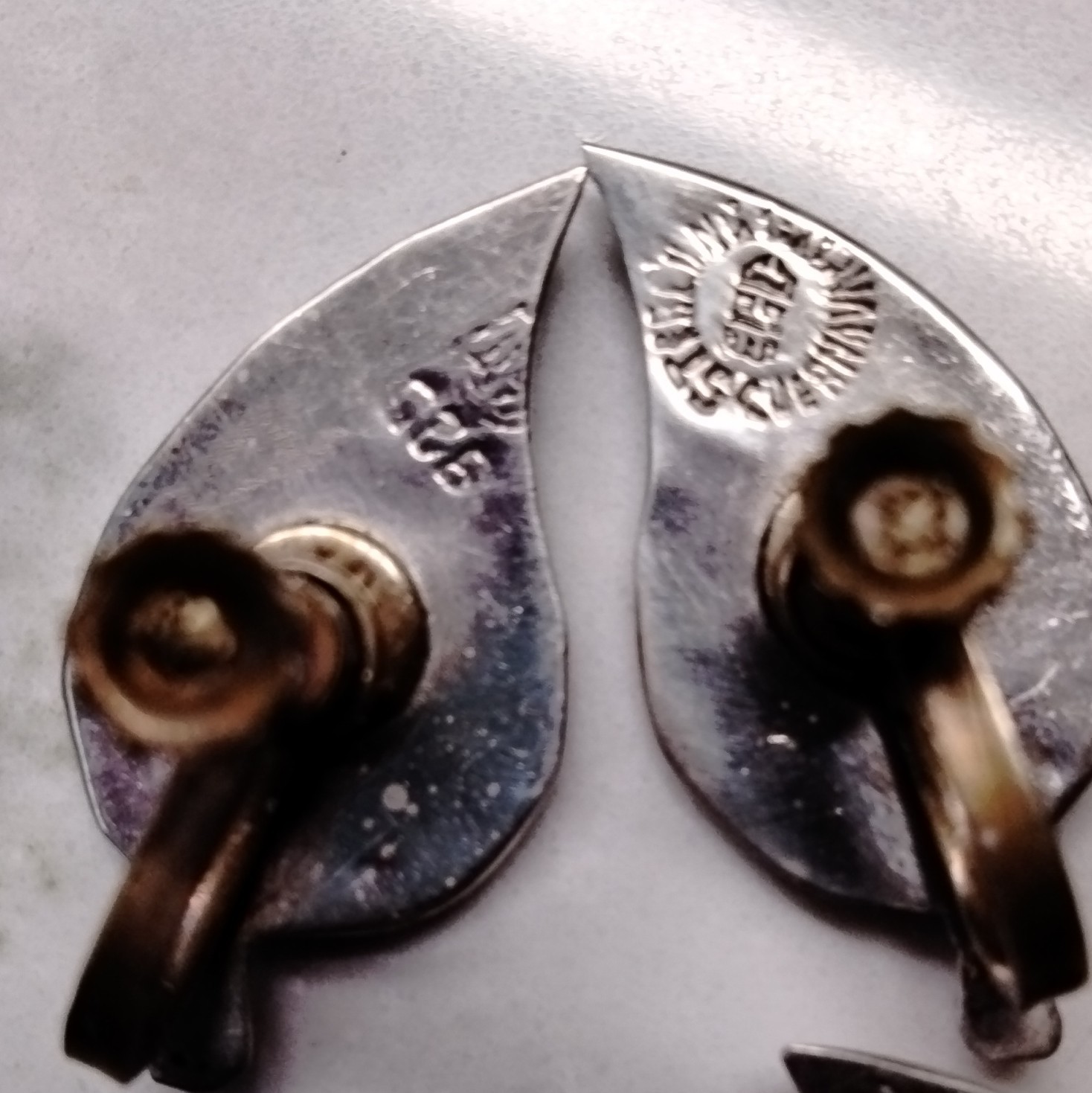 Sterling Silver 925 Abalone Shell Leaf Screw-On Earrings Signed Cuernavaca, Mex