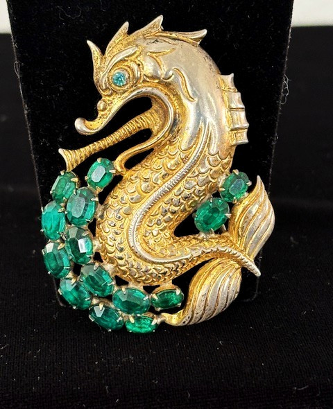 RARE VTG FRED BLOCK Gold Wash Sterling Green Stone SEA MONSTER Pin Brooch 31.8G