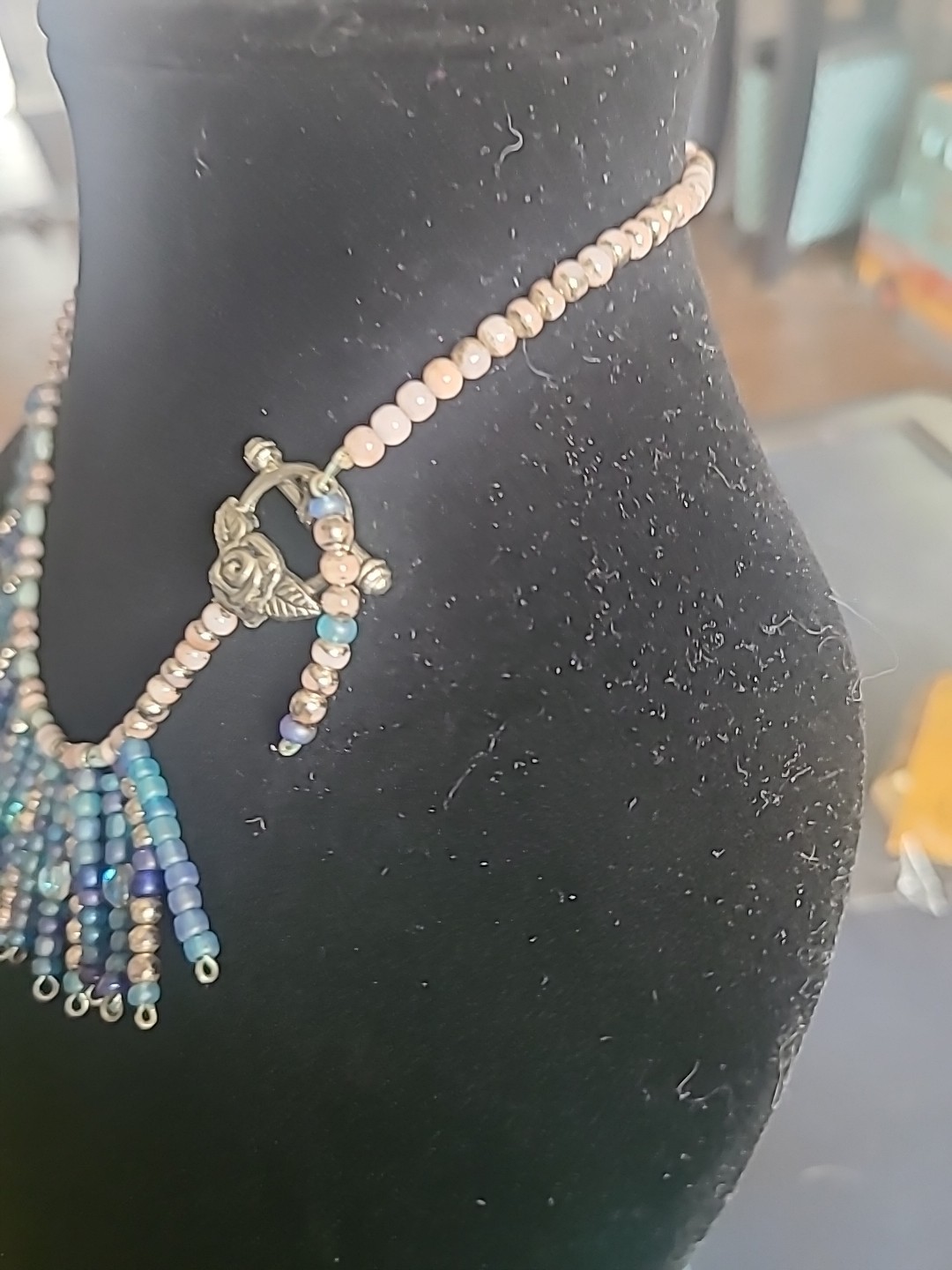 Vintage Artisan Crafted 925 Toggle Side Clasp Tassel Necklace Blue Pinks Silver