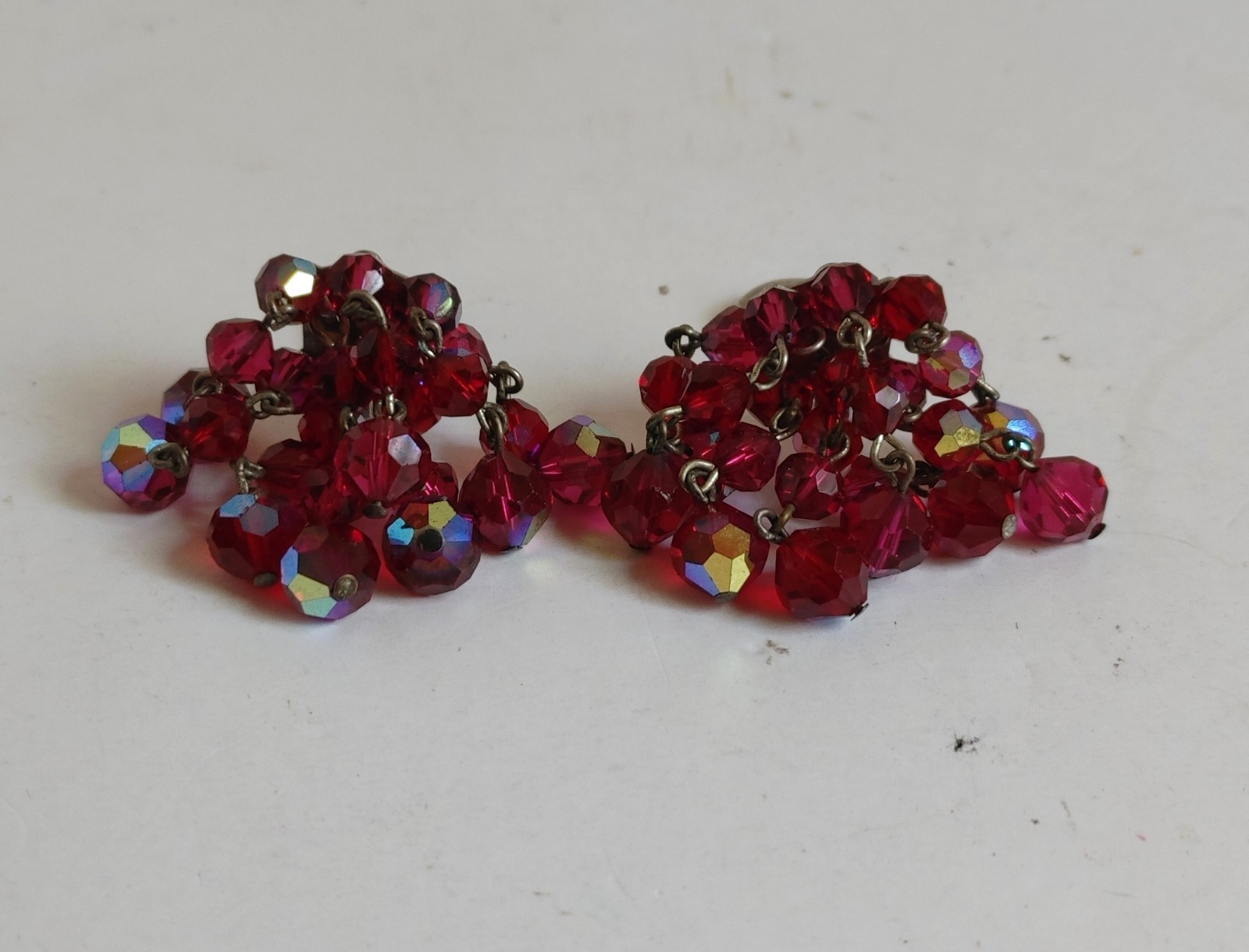 Signed Laguna Red AB Crystal Clip Earrings Vintage 50s 60s Cluster Dangle ChaCha