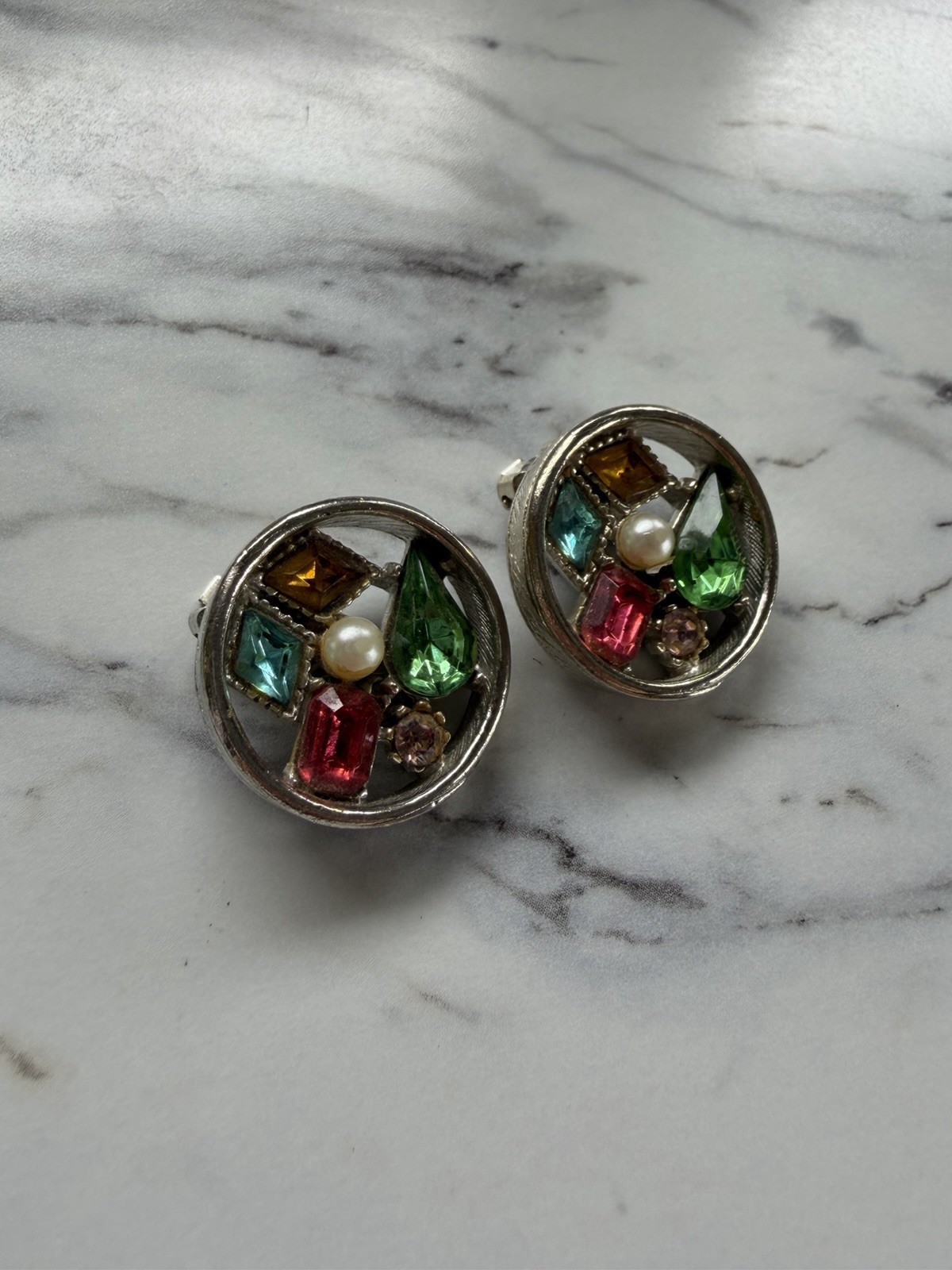 Vintage ART Signed Clip On Earrings Multicolor Rhinestone Faux Pearl Estate