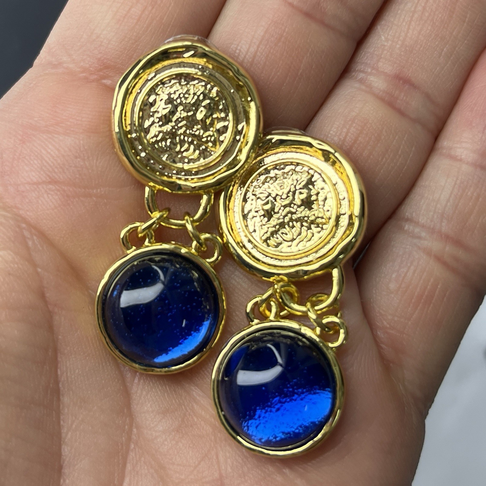 Gold Tone Etruscan Coin Dangle Earrings Blue Glass Cabochon Pierced Gripoix