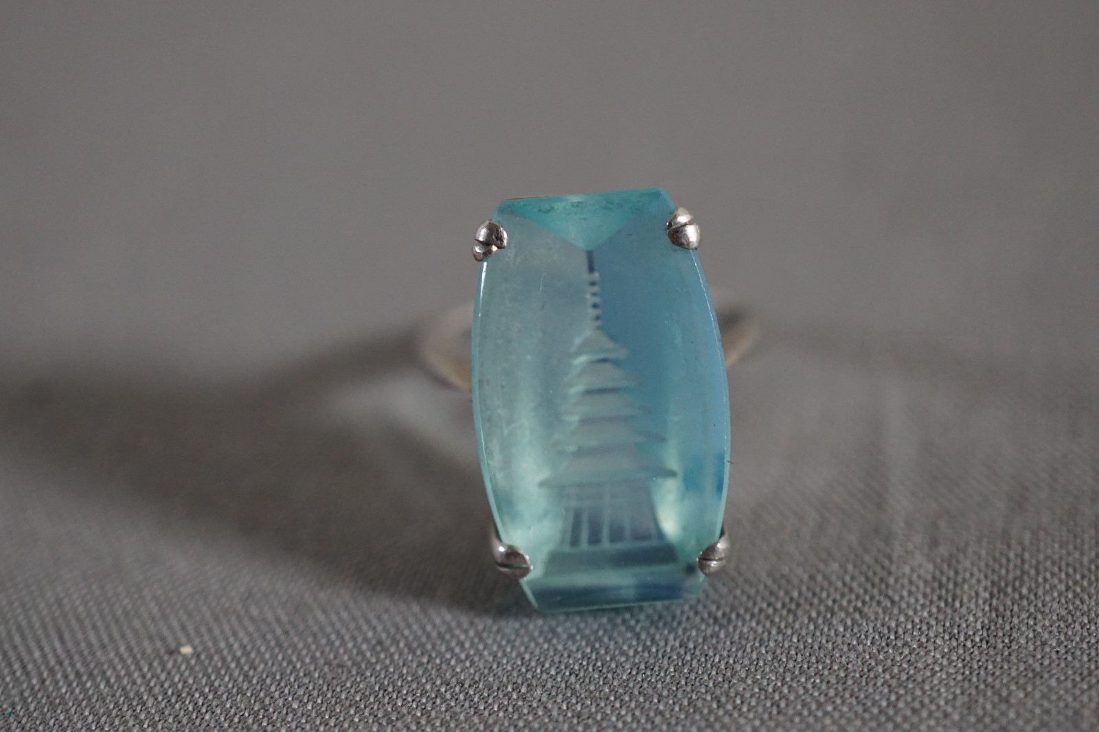 Vintage Blue Reverse-Carved Asian Temple Buildings Sterling Ring