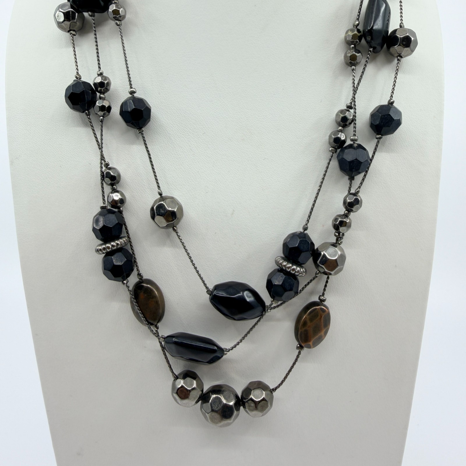 Vintage Gunmetal Tone Layered Necklace Multi Strand Black Onyx Color Bead Boho