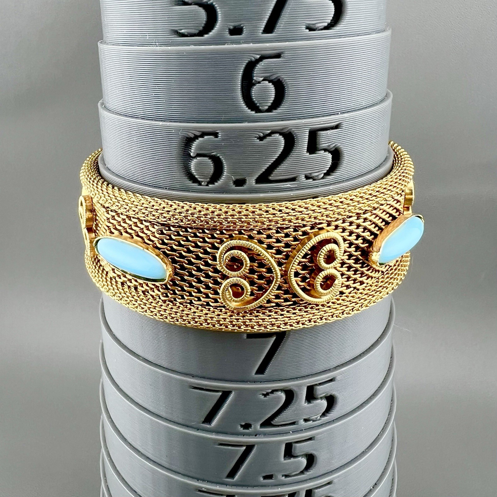 Vintage Mesh Bracelet Gold Tone Blue Cabochon Filigree 6.75”