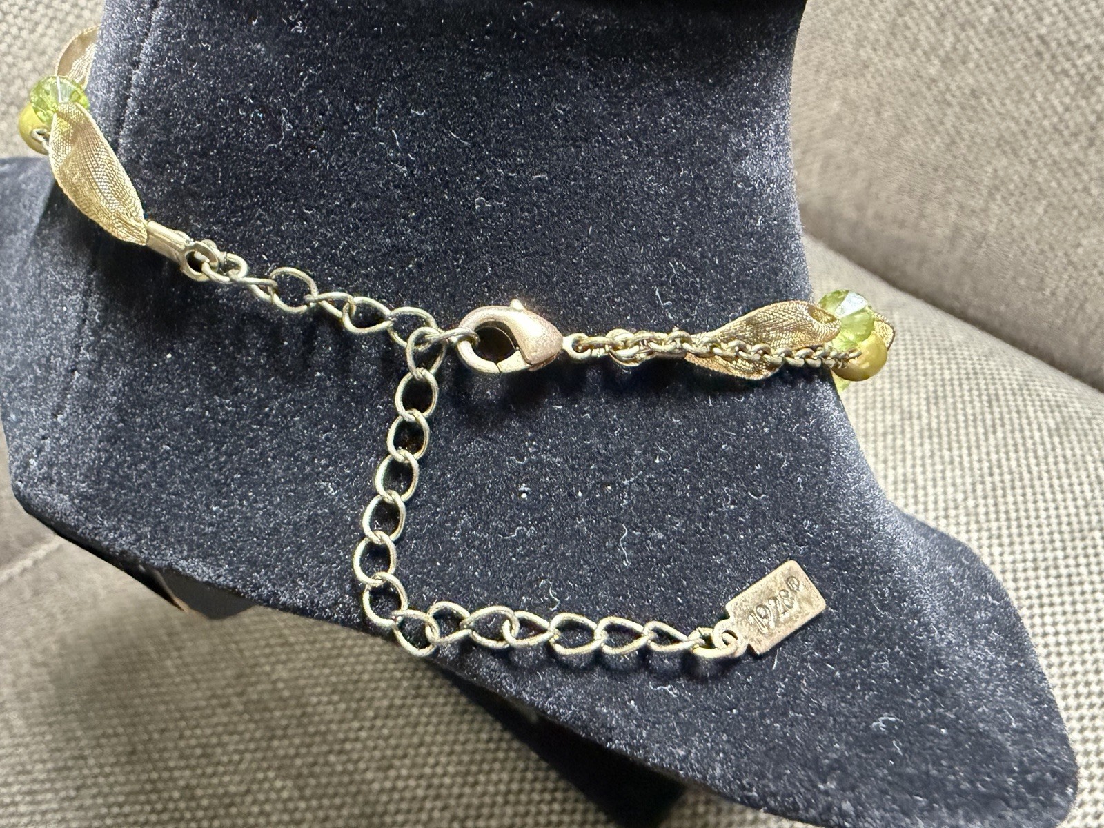 VTG 1928 Signed Moss Green Gold Tone Flower Necklace Double Strand Faux Pearls