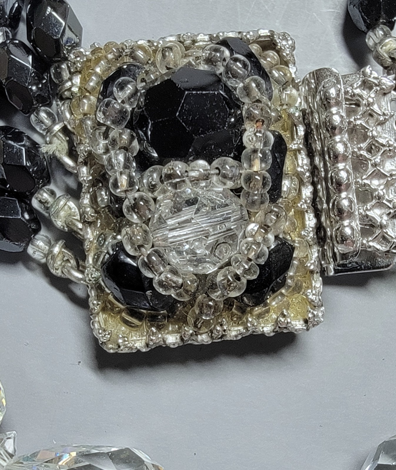 Sandor 4 Strand Black Crystal Signed Beaded And AB Clear Faceted Oval Necklaces